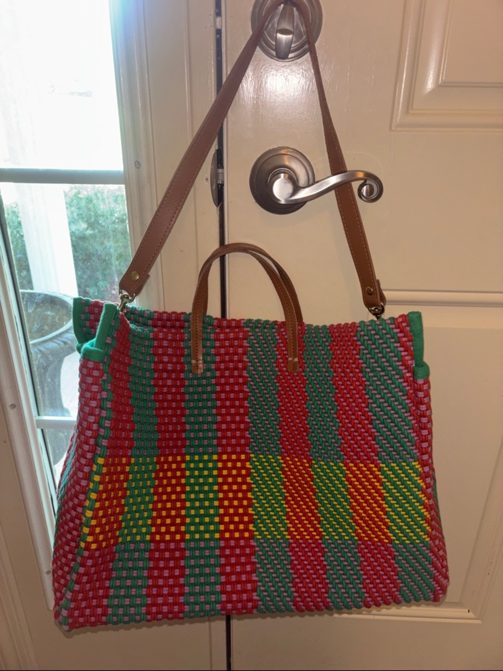 Clare V Handwoven Multicolor Tote Bag with Brown Leather Straps